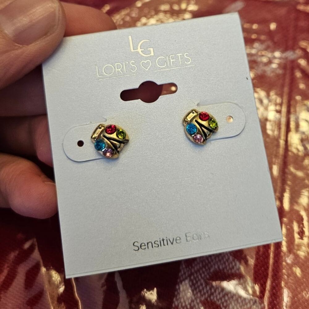 Lori's Gifts Multicolor Rhinestone Ladybug Stud Earrings Sensitive Ears NWT